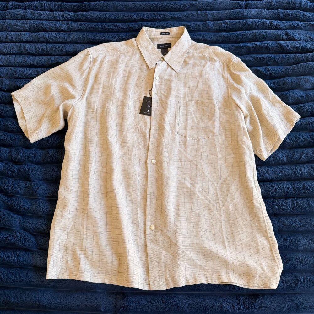 NWT Claiborne 100% Silk Tonal Stripe Shirt Men XL Cream Short Sleeve Button Down